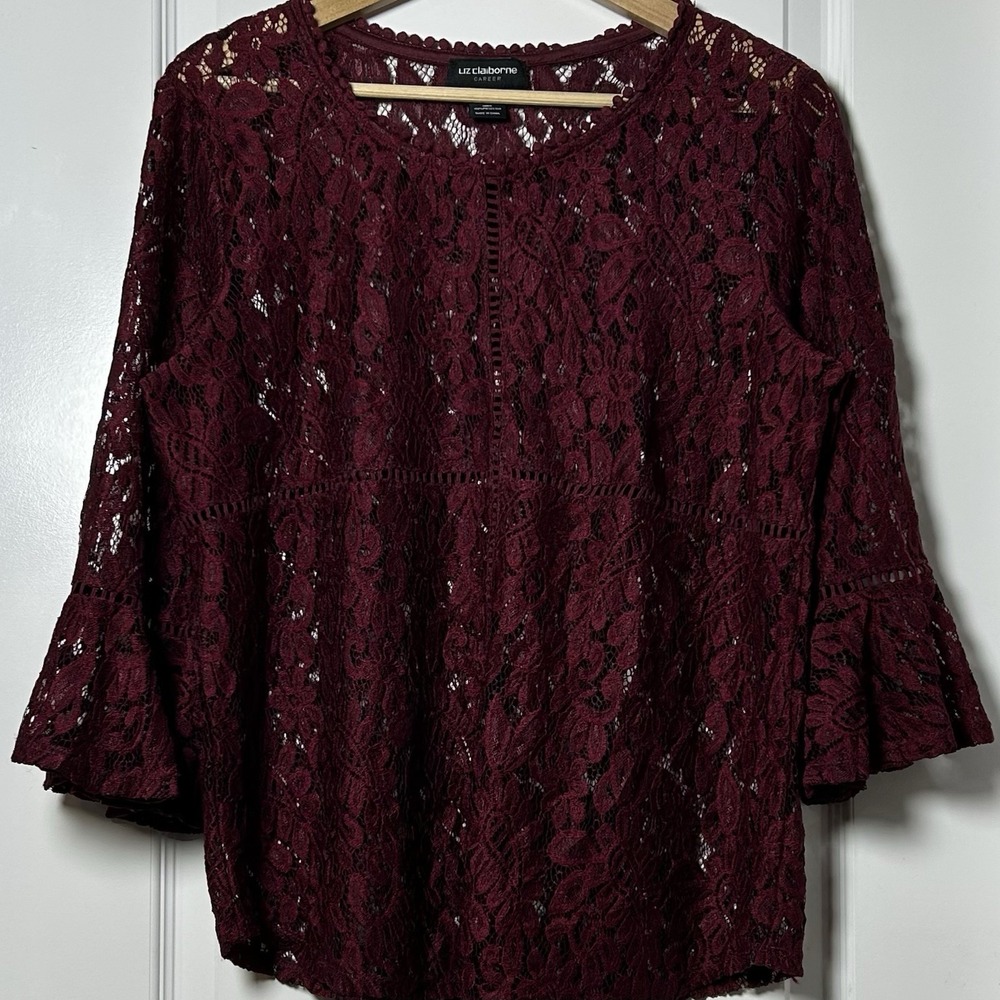 Liz Claiborne Career Vintage Wine Floral Lace Bell Sleeve Blouse Romantic Style